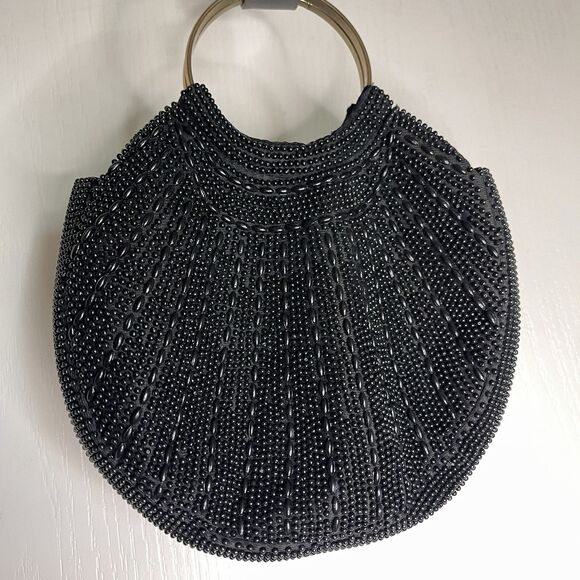 VTG Black Beaded Evening Purse Made In Hong Kong Metal Handles Internal Pocket - Picture 2 of 6